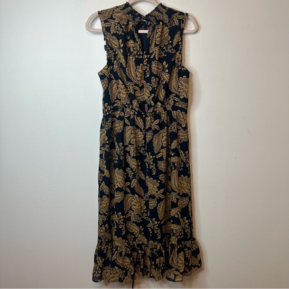 J Crew Women’s Blue & Gold Floral Chiffon High Neck NWT Dress Size 10 - Picture 2 of 8